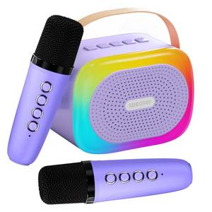 lot 12166 image: Mini Karaoke Machine for Kids Portable Karaoke Machine with 2 Bluetooth Wireless Microphones and LED Color Lights, Christmas Birthday Gifts Toys for Girls Boys 3-12 Year Old (Purple) (Missing Cord)