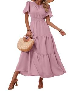 lot 12199 image: PRETTYGARDEN Womens Summer Casual Short Flutter Sleeve Round Neck Smocked Waist Tiered Boho Floral Flowy Maxi Dress(Solid Pink,X-Large)