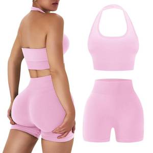 lot 12201 image: OLCHEE Workout Sets for Women 2 Piece Backless Halter Sports Bra High Waist Booty Shorts Yoga Gym Outfits Lounge Activewear - Solid Light Pink Medium