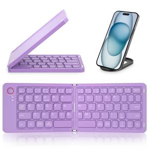 lot 12237 image: JPHTEK Mini Foldable Bluetooth Keyboard - Portable Wireless Full Size Keyboard (Sync Up to 3 Devices), Ultra-Slim Aluminum Travel Folding Keyboards for iPhone iPad Mac Android Windows iOS (Purple)