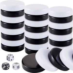 lot 12244 image: Skylety 30 Pcs Backgammon Pieces Checkers, 1.25 Inch Replacement Checkers Board Game Playing Game Chips with 5 Dice(Black and White)