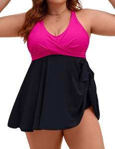 lot 12246 image: Edelqual Womens Plus Size Tankinis Swimsuit Two Piece Tummy Control Bathing Suits Swim Dress Swimwear Maternity Cute Cruise Swimdress with Shorts (Hot Pink & Black,2XL)