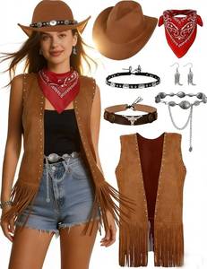 lot 14040 image: INFLATJOY Western Cowgirl Outfits Fringe Vest Set for Women cowboy hat double hatbands Halloween cowgirl Costume