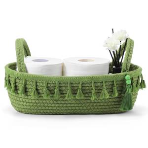 lot 14065 image: Acellegic Green Toilet Paper Basket Decorative Boho Cotton Rope Storage Basket Gift Empty Woven Bins with Handle Tassel for Toilet Tank Bathroom Accessories Organizer Decor Countertop Shelf Holder