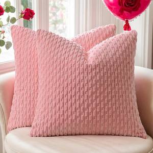 lot 14072 image: Kevin Textile Valentines Day Decorative Pillow Covers Set of 2 Striped Plush Corduroy Pillows Pillowcases Boho Home Decor Cushion Covers for Couch Sofa Bed Living Room 22x22 Inch, Dark Pink