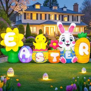 lot 14417 image: KOOY 8FT Long Easter Inflatables Bunny Outdoor Decorations with Egg Chick Carrot and Sunflower, Built-in LED Lights Easter Blow Up Yard Decorations for Lawn Garden Holiday Party