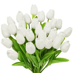lot 14433 image: 28pcs White Flowers Artificial Tulip Stems Real Feel PU Tulips for Easter Spring Wreath Wedding Bouquet Centerpiece Floral Arrangement Cemetery Table D�cor 13 Tall