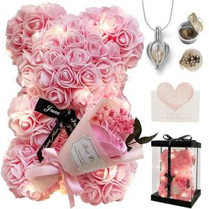 lot 14446 image: MS.ROXYQUE Romantic Valentines Day Gift for Her, Artificial Flowers Bouquet Necklace Rose Teddy Bear with Real Pearl Blind Box Birthday Gift, Valentiness Day Gift for Monther Wife Girl (Pink)