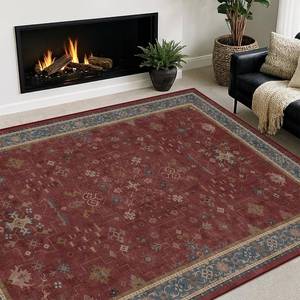 lot 17772 image: 5x8 Boho Dark Red Rug for Living Room - Vintage Oriental Revival Low-Pile Carpet for Bedroom, Dining Table, Machine Washable Area Rug Non-Slip with Rubber Back