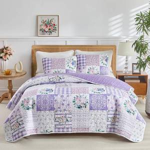 lot 17780 image: Joyreap 3 Pieces Floral Quilt Set Queen, Patchwork Purple n Pink Flowers Design, Smooth Soft Microfiber Quilt, Bedspread Bed Cover for All Season, 1 Quilt and 2 Pillow Shams- 90x90 inches