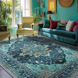 lot 17796 image: RELEANY Area Rugs 5x7 Washable Non-Slip, Floral Vintage Distress Print Pattern Medallion Carpet for Living Room Bedroom Dining Room, Teal Green Lake Blue Turquoise