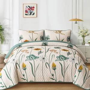 lot 17799 image: WONGS BEDDING Floral Quilt Set Queen,Green Yellow Floral Botanical Bedspread Bedding Set with 2 Pillowcase,Spring Summer Lightweight Farmhouse Coverlet Set for All Season (96x90)