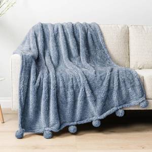 lot 18021 image: PAVILIA Blue Sherpa Throw Blanket for Couch, Warm Plush Pom Pom Blanket Throw, Dusty Blue Fuzzy Sofa Throw, Lightweight Soft Cozy Fluffy Blanket with Pom Poms, Light Blue, 50x60