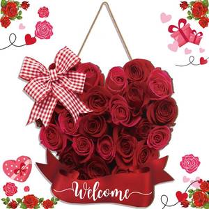 lot 18417 image: BBTO Valentines Day Wooden Hanging Welcome Sign Romantic Retro Rose Door Decor Rustic Farmhouse Wreath Sign Door Decoration for Wedding Anniversary Home Indoor Outdoor Wall Window