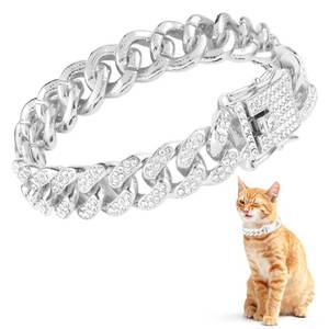 lot 18465 image: Amabro Cat Chain Collar, Diamond Cuban Link Kitten Walking Collar with Secure Buckle 12mm Wide Pet Rhinestones Necklace Metal Chain Jewelry Accessories for Cats Dogs Kittens Puppies 8inch(Silver)