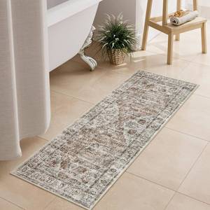 lot 18473 image: Uphome Bathroom Runner Rug, Distressed Farmhouse Boho Khaki Bath Mat, Non Slip Washable Long Bath Rugs, Vintage Traditonal Soft Velvet Bathroom Runner for Bathtub Sink Shower, 18x47 inch