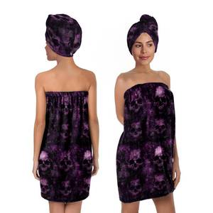 lot 18484 image: YWZDS Gothic Skull Print Bath Wrap Set with Hair Turban, Purple and Black, Womens Spa Towel Wrap