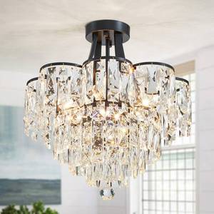 lot 19761 image: WUZUPS Crystal Chandelier Semi-Flushmount Ceiling Light Modern Lighting Fixture for Bedroom Hallway Entry Kitchen Bathroom, H 19.3 x W 18.3, E12 Base, Black