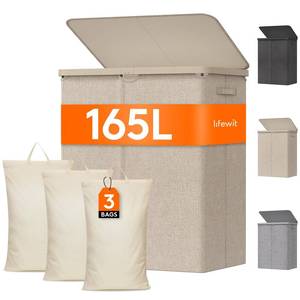 lot 19765 image: Lifewit 165L Large Laundry Basket with Lid, Laundry Hamper with Plastic Handles and Removable Bag, Foldable Tall Dirty Clothes Hampers for Laundry for Laundry Room, Bedroom, Bathroom, Dorm, Beige