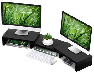 lot 19785 image: TAVR Dual Monitor Stand Riser Office Desktop Organizer Stand for 2 Monitors, Adjustable Length and Angle 3 Shelf, Extra Long Multifunctional Wooden Stand up to 43.3 fit Computer, Laptop, TV, Black