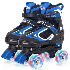 lot 19790 image: MammyGol Roller Skates for Boys Girls, 4 Sizes Adjustable Quad Skates for Kids with All Light up Wheels, Full Protection for Toddlers Indoor and Outdoor Play Blue Ages 8-12 (Used)(Cosmetic Damage)