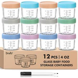 lot 19803 image: DRKIO 12 Pack Glass Baby Food Storage Containers - 4 Oz Baby Food Jars with Lids Baby Food Maker Microwave Dishwasher Freezer Safe 100% Leak Proof BPA Free Reusable