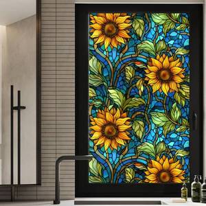 lot 20023 image: WBQMUNY Sunflower Stained Glass Window Film,Non Adhesive Privacy Film,Stained Glass Window Film for Bathroom Shower Door Heat Anti UV 17.7x39.5