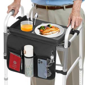 lot 20029 image: Rhino Valley Walker Tray for Folding Walker, Tray for Walkers with Non-Slip Mat for Food, 3 Front Pockets & 2 Cup Holders, Fits Most Standard Folding Walkers, Walker Accessories for Senior, Black