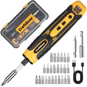 lot 20445 image: Electric Screwdriver Cordless Set with LED Light, USB Cordless Screwdriver Rechargeable, Level 5 Torque Screw driver, with 28 Pc Bit Set & Carrying Case for Home, Electronic, Automotive(Yellow) (Missing pieces)