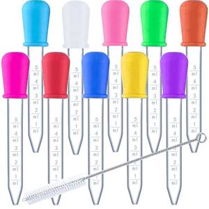 lot 20449 image: HiMo 10 Pack Liquid Pipettes Droppers Silicone 5ml Clear Medicine Eye Dropper for Kids with Bulb Tip & Clean Brush for Candy Mold, Gummy Bear, Gelatin Maker, Oil Science, Crafts Projects (10 Colors)