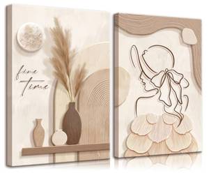 lot 20457 image: 2pcs Neutral Abstract Canvas Wall Art Tan And Cream Beige Minimalist Wall Decor Pictures Modern Abstract Geometry Woman Posters Prints Paintings for Living Room Bedroom Bathroom Home Decorate