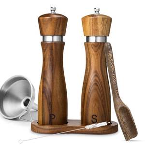 lot 20482 image: 2 Pack Acacia Wood Salt and Pepper Grinder Set �� 8 Manual Mills with Adjustable Ceramic Core, Stainless Steel, Tray, Spoon, Brush & Funnel �� Rustic Wooden Gift Set for Kitchen or Table