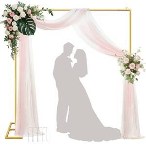 lot 1408 image: JEBUTU Backdrop Stand Heavy Duty with Base 8.2FT x 8.2FT , Gold Portable Adjustable Pipe and Drape Backdrop Stand Kit, Square Metal Arch Party Frame for Wedding Birthday Party Banquet Decorations