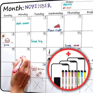 lot 1409 image: Large Dry-Erase Magnetic Monthly Calendar  Free Bonus 3 Groceryto-Do List Whiteboards (OrganizerPlanner) for Kitchen Fridge - Full Set 8 Markers  Eraser  Stain Free  Horizontal