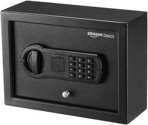 lot 1471 image: Amazon Basics Small Slim Desk Drawer Security Safe with Programmable Electronic Keypad, Secure Quick Access, 0.1 Cubic Feet, Black, 11.8W x 8.6D x 4.4H