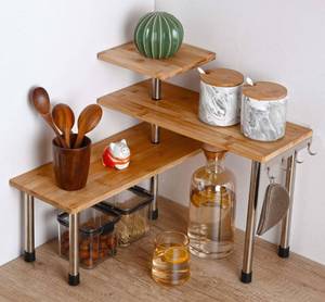 lot 1482 image: HYNAWIN Bamboo Countertop Shelf Storage Spice Rack, 3 Tier Desktop Shelves Space Saving Organizer, Adjustable Rack