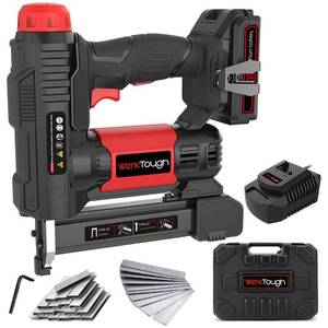lot 1487 image: Werktough 20v Cordless Staple Gun Brad Nailer 2 in 1 Aluminum Metal magzine 1 Hour Fast Charger 2000mA Lithium Battery 2000pcs Free Staples(90 45100018GA 1x1000) in Tool Case