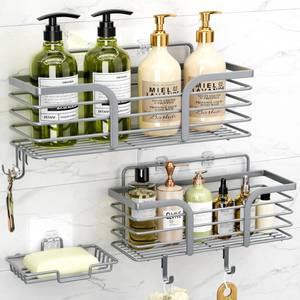 lot 1501 image: Yougai Shower Caddy, Shower Organizer with Soap Holder and Hooks, Rustproof Shower Shelves, No Drilling Bathroom Organizers and Storage, Wall-Mounted Kitchen & Home Decor, Light Grey