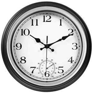 lot 1508 image: JoFomp Large Waterproof Outdoor Clock with Thermometer Combo - 12 inch Silent Non Ticking Quartz Battery Operated Wall Clock for Patio, Home, Pool, Garden, Porch, Deck (Silver, 12 Inch)