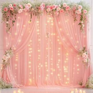 lot 2287 image: Wish Care 10ft x 10ft Baby Pink Chiffon Backdrop Curtain with Lights String for Parites Wedding Wrinkle Free Curtain Photo Backdrops Drapes for Baby Shower Birthday Party Home Decorations