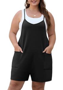 lot 2299 image: OLRIK Womens 2026 Summer Plus Size Romper Adjustable Spaghetti Strap Jumpsuits With Pockets Sleeveless Casual Overall Shorts Black-3X