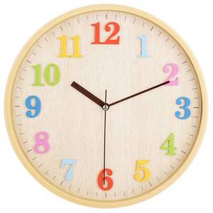 lot 2310 image: Topkey 12 Wooden Look Wall Clock Silent Non-Ticking 3D Numbers Colorful Decorative Round Clock for Living Room, Bedroom and Office Battery Not Included - Light Brown