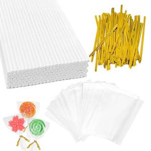 lot 2330 image: CHELIZIYA 300 PCS Cake Pop Sticks and Wrappers Kit, Including 100ct 6-inch Paper Lollipop Sticks, 100ct Clear Treat Bags, 100ct Gold Twist Ties for Hard Candy, Chocolate, Sucker, Desserts