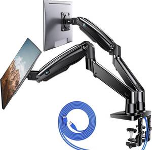 lot 3932 image: HUANUO Dual Monitor Stand for 13����40��, Premium Dual Monitor Mount with USB, Height Adjustable Monitor Stand for 2 Monitors, VESA Mount with ClampGrommet Base, Holds 26.4lbs per Arm, HNDS7