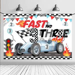 lot 4007 image: Race Car Themed 3rd Birthday Backdrop Banner Racing Themed 3rd Bday Party Supplies Decorations Fast & Three Race Car Birthday Banner Decor