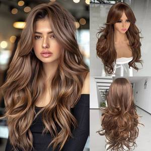 lot 4027 image: Long Ombre Honey Blonde Highlight Layered Wavy Wig With Bangs for Women Dark Brown Mixd Dirty Blonde Highlight Wig With Curtain Bangs for White Black Women Shaggy Hair for Daily Party Use 24inch