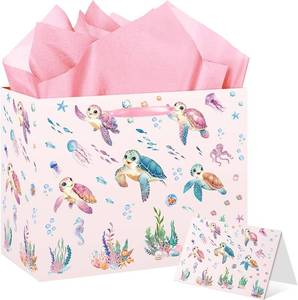 lot 4035 image: HZRNNA Pink Ocean Animals Gift Bag, Large Under The Sea Gift Bag with Card and Tissue Paper, Ocean Themed Party Decorations for Girls, Baby Shower, Birthday Party Favors Supplies