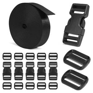 lot 4474 image: BEYOURD Buckles and Straps Set 1 6 Yards of Thick Nylon Webbing, 6-Pack Heavy Duty Adjustable Quick Side Release Plastic Buckles, 12 Tri-Glide Slide Clips, Black (1-Inch Combo Set)