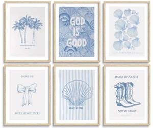 lot 4481 image: 6 Pcs Coastal Christian Wall Art Blue Seashell Scripture Quote Wall Decor Pictures Coastal Granddaughter Preppy Religion Aesthetics Posters Prints for Living Room Bedroom Home Decorations Unframed