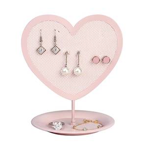 lot 4502 image: Parlor Boudoir Earring Holder for Girls �� Heart-Shaped Pink Metal Stand Jewelry Organizer with Tray for Rings & Bracelets, Cute Vanity Display for Teen Room Decor